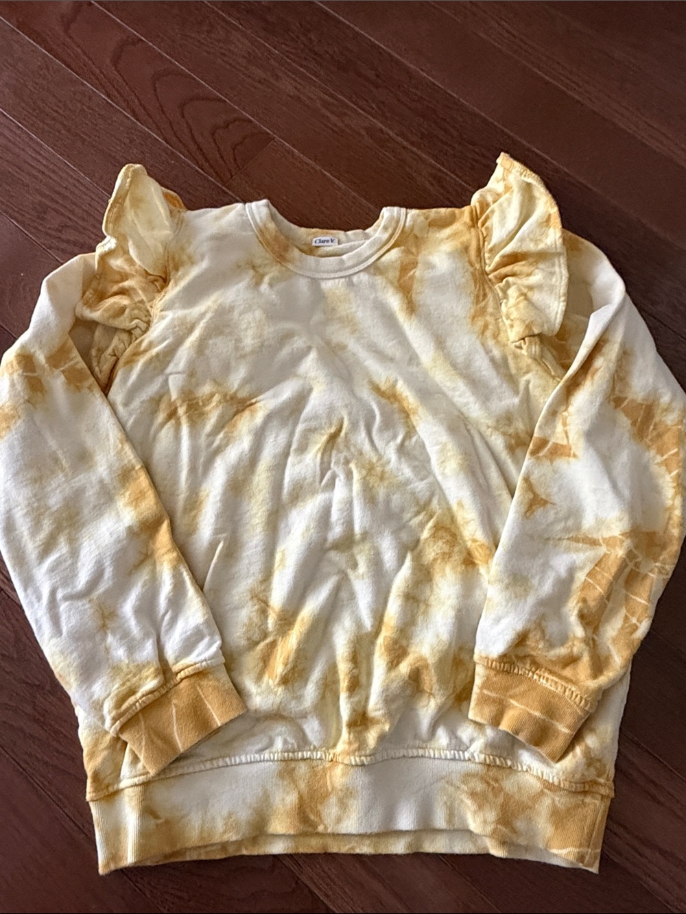 Clare V. Yellow Cream Tie-Dye Sweatshirt with Ruffle Shoulder Detail